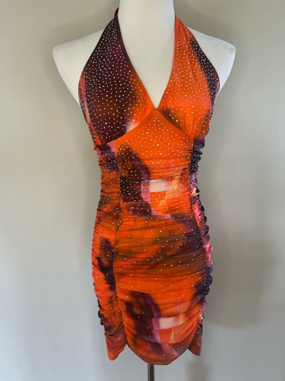 Windsor Orange Halter Ruched Mini Dress